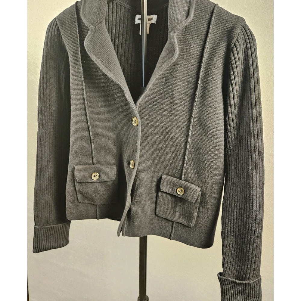 Lands‎ End Cardigan Blazer Ribbed Knit Button Front Black Medium Petite - Picture 2 of 13